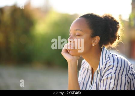 Rilassata donna nera che riposa a occhi chiusi seduta in un parco al tramonto Foto Stock