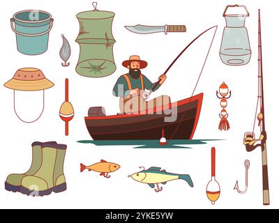 Pescatore e attrezzatura da pesca. Uomo con barba felice in barca con canna sul lago, attrezzi e reti, spinner, secchi e galleggianti, hobby e attività ricreative all'aperto Illustrazione Vettoriale