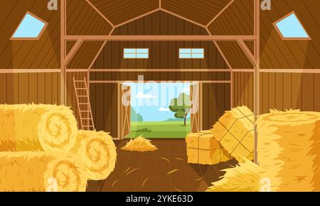 Paesaggio agricolo. Rotoli di fieno in campi agricoli, erba secca per l'alimentazione del bestiame, paglia gialla, gambi di frumento, raccolta, sfondo villaggio, appartamento cartoni animati Illustrazione Vettoriale