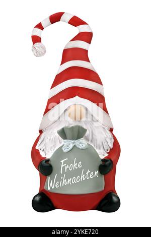 Frohe Weihnachten und Weihnachtsdekoration Wichtel Dekofigur Hintergrund weiss Foto Stock