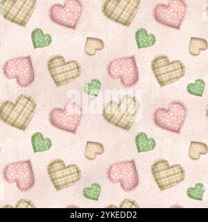 Motivo senza cuciture con cuori in tessuto su sfondo rosa ad acquerello. Clipart per cucire. Illustrazione ad acquerello disegnata a mano. Foto Stock