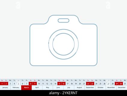 Marzo 2025 per il calendario da tavolo, modello vettoriale a una riga in inglese. Illustrazione Vettoriale