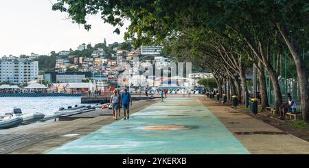 Fort-de-France, Martinica - 3 gennaio 2018: Una coppia di turisti anziani passeggiano lungo l'argine all'ombra degli alberi tropicali in un parco cittadino. Foto Stock