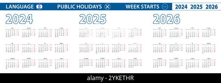 Semplice modello di calendario in ebraico per 2024, 2025, 2026 anni. La settimana inizia da lunedì. Illustrazione vettoriale. Illustrazione Vettoriale
