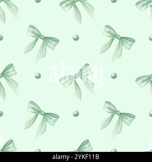 Archi e perline di colore verde pastello. Anima in coquette con motivo ad acquerello senza cuciture disegnata a mano isolata su verde chiaro per carta da imballaggio, tessuto, involucro, tenda, carta per scrapbooking. Foto Stock