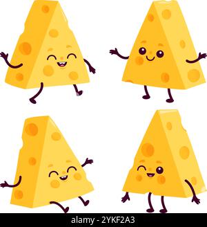 Simpatici personaggi di formaggio tagliati a pezzi di triangolo. Set di prodotti caseari a cartoni animati, Edam, parmigiano, mozzarella. Raccolta di illustrazioni vettoriali Illustrazione Vettoriale