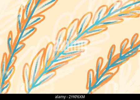 Illustrazione astratta con pennellate pastello morbide e foglie stilizzate su un caldo sfondo beige, adatta per temi di design tranquilli. Foto Stock