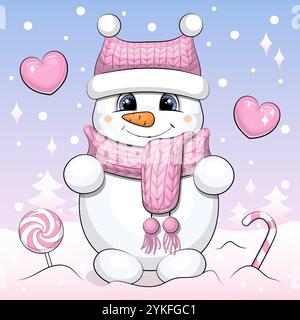 Carino pupazzo di neve dei cartoni animati che indossa una sciarpa e un cappello rosa. Illustrazione vettoriale di Natale e inverno su sfondo blu e rosa. Illustrazione Vettoriale