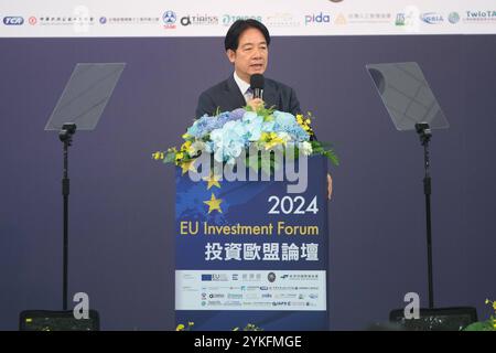 Lai Ching-te（William Lai, presidente di Taiwan, interviene durante la o conferenza di apertura del forum sugli investimenti dell'UE a Taiwan il 18 novembre 2024. Copyright: XJameson WUX Foto Stock