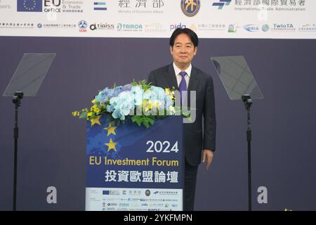 Lai Ching-te（William Lai, presidente di Taiwan, interviene durante la o conferenza di apertura del forum sugli investimenti dell'UE a Taiwan il 18 novembre 2024. Copyright: XJameson WUX Foto Stock