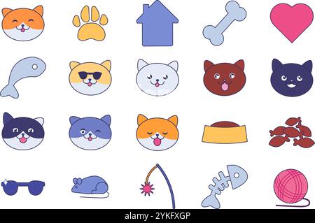 Grande kit di accessori per la cura degli animali domestici, divertenti volti e giocattoli per gatti. Collezione di avatar gattini con diverse espressioni facciali. Set di icone multicolore Illustrazione Vettoriale