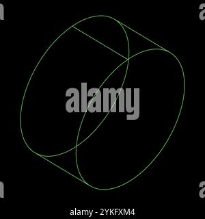 Oggetto cilindrico futuristico psichedelico Y2K rave vettoriale in stile nero verde neon alla moda. Forme geometriche astratte e surreali di wireframe retrò, cripto o. Illustrazione Vettoriale