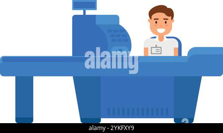 Il cassiere del punto vendita si siede al registratore di cassa in attesa dei clienti. Posto di lavoro del cassiere nel supermercato. Semplice vettore in stile piatto isolato su sfondo bianco Illustrazione Vettoriale
