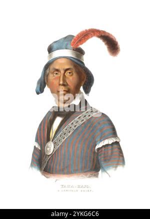 Indiani, nativi americani, Yaha-Hajo, capo della tribù Seminole, Stati Uniti d'America, USA, dipinto di Charles Bird King (1785 - 1862), intorno al 1840, riproduzione storica, restaurata digitalmente da un originale del XIX secolo, data record non dichiarata, Indianer, Ureinwohner von Nordamerika, Häuptling vom Stamm der Seminolen 1840, Vereinigte Staaten von Amerika, Gemälde Vorinwohner von Nordamerte, 1862, Charles von Vorinaud Vorinschen, Charles Vrisch, 1785. Jahrhundert Foto Stock