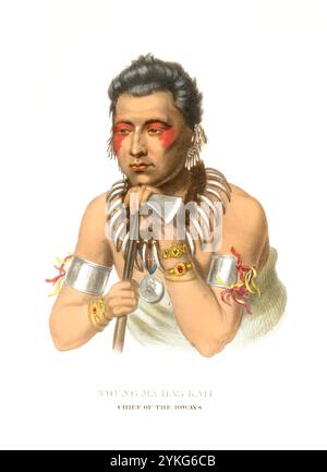 Indiani, nativi americani, Young ma-has-Kah, capo della tribù Ioway, Stati Uniti d'America, USA, dipinto di Charles Bird King (1785 - 1862), intorno al 1840, riproduzione storica, restaurata digitalmente da un originale del XIX secolo, data record non dichiarata, Indianer, Ureinwohner von Nordamerika, Häuptling vom Stamm der Ioways, Vereinigte Staaten von Amerika von Amerika, Gemälde 1862 (1785) 1840. Jahrhundert Foto Stock