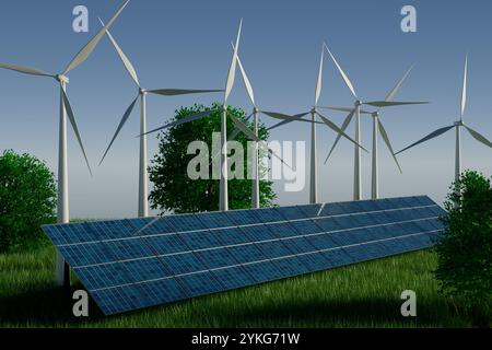 Fonti di energia rinnovabile con turbine eoliche e pannelli solari in un paesaggio verde. rendering 3d. Foto Stock