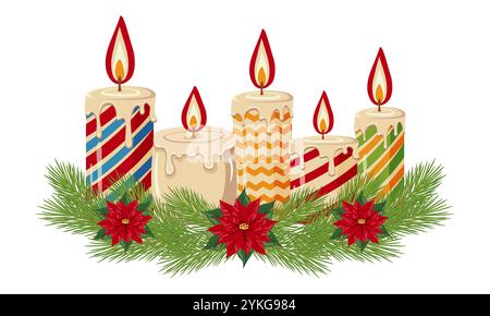 Candele di Natale con motivi a righe circondate da rami di pino e fiori di punta. Illustrazione delle festività natalizie su sfondo bianco Illustrazione Vettoriale
