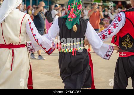 Vista posteriore dei ballerini in costumi ricamati che si esibiscono in un festival culturale Foto Stock