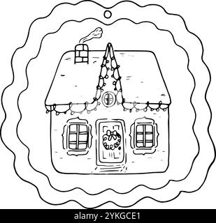 Disegno di una casa privata decorata per le vacanze, cottage accogliente, contorno per tag, tag, adesivo. Disegno vettoriale disegnato a mano. Illustrazione Vettoriale