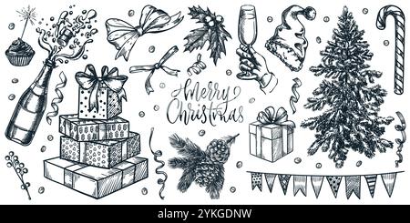 Set di icone vintage di Natale e Capodanno. Illustrazione di disegni monocromatici vettoriali disegnati a mano di regali e decorazioni. Elementi di design per le vacanze invernali iso Illustrazione Vettoriale