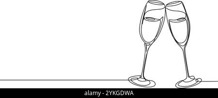 disegno continuo a linea singola di bicchieri da champagne, illustrazione vettoriale line art Illustrazione Vettoriale