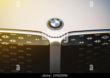 Izmir, Turchia - 11 novembre 2024: Primo piano del logo anteriore BMW IX1 eDrive e della calandra distintiva, che mettono in risalto il design e l'artigiano premium del veicolo Foto Stock