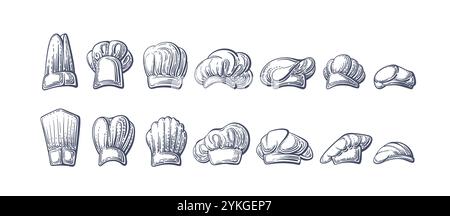 Set di sketch per cappelli da chef. Cuocere a trama vettoriale isolate su sfondo bianco. Illustrazione grafica. L'uniforme del ristorante e del personale della cucina Illustrazione Vettoriale