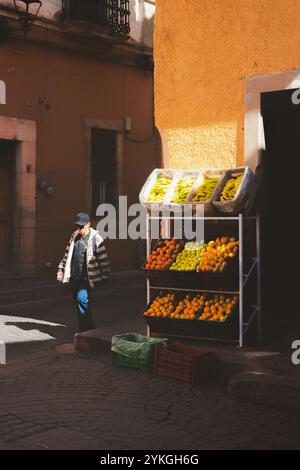 Guanajuato, Messico - 6 febbraio 2024: Un vivace banco di frutta bagnato dalla luce del sole mette in mostra prodotti freschi in un affascinante angolo di strada nel centro storico di To Foto Stock