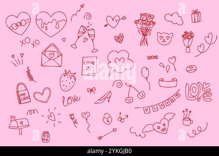 Disegni a mano di Doodle per san valentino. Cuori rossi, elementi di design Illustrazione Vettoriale