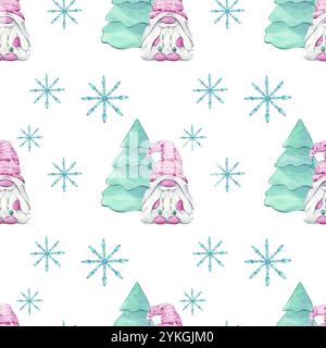 GNOME vicino all'albero di Natale con motivo ad acquerello stelle Foto Stock