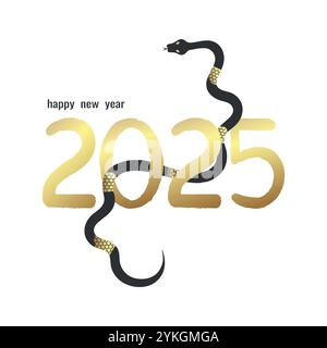 Felice anno nuovo 2025. Anno del serpente. Numeri d'oro disegnati a mano e simbolo del serpente dell'anno. Illustrazione vettoriale Illustrazione Vettoriale