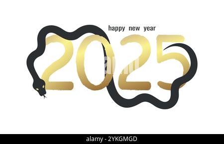 Felice anno nuovo 2025. Anno del serpente. Numeri d'oro disegnati a mano e simbolo del serpente nero. Illustrazione vettoriale Illustrazione Vettoriale