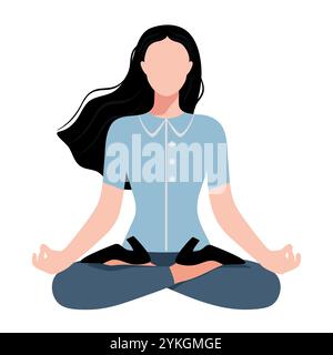 Donna astratta senza volto in abiti da ufficio seduti in posa di loto. Meditare un impiegato d'ufficio. Equilibrio tra vita e lavoro. Illustrazione vettoriale Illustrazione Vettoriale