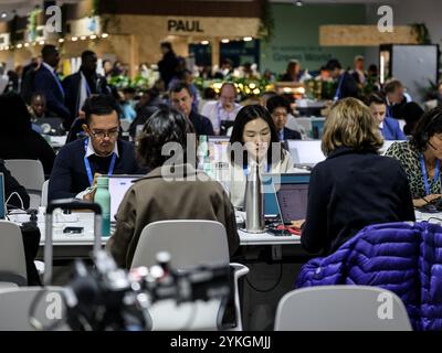 Baku, Azerbaigian il 18 novembre 2024. I partecipanti lavorano nell'area comune durante la Conferenza delle Nazioni Unite sui cambiamenti climatici COP29, un evento organizzato dall'UNFCCC allo stadio olimpico di Baku. La COP29, in corso dall'11 al 22 novembre, si concentra sul finanziamento del clima. Crediti: Dominika Zarzycka/Alamy Live News. Foto Stock