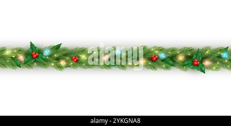 garland leggero. allegro regalo natalizio 3d, nastro per noel o festa di capodanno. Confine sospeso oro, buona stagione. Bordo festivo orizzontale. Botanica invernale con Illustrazione Vettoriale