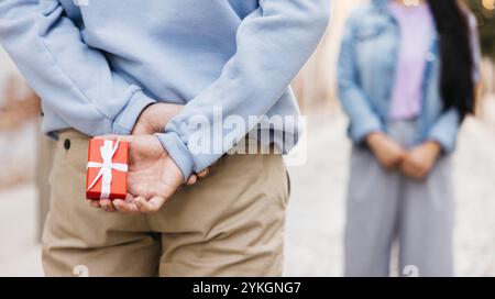 Primo piano della mano di un giovane che gli tiene una piccola scatola rossa alle spalle. Giovane che tiene un regalo di San Valentino per la sua ragazza Foto Stock
