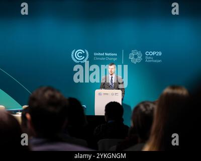 Baku, Azerbaigian il 18 novembre 2024. Henry Neufeldt, ENEP Copenhagen Climate Centre interviene durante una tavola rotonda durante la conferenza delle Nazioni Unite sui cambiamenti climatici COP29, un evento organizzato dall'UNFCCC allo Stadio Olimpico di Baku. La COP29, in corso dall'11 al 22 novembre, si concentra sul finanziamento del clima. Crediti: Dominika Zarzycka/Alamy Live News. Foto Stock