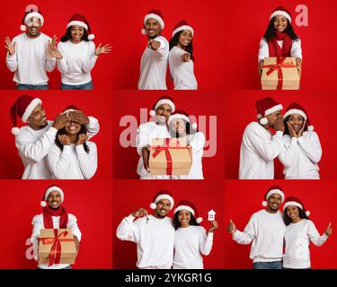 Felice coppia nera in abiti festivi per festeggiare il Natale con regali Foto Stock