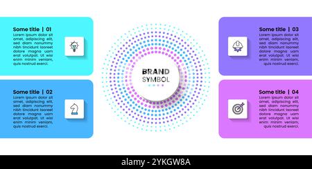 Modello infografico con icone e 4 opzioni o passaggi. Cerchio astratto. Può essere utilizzato per layout del flusso di lavoro, diagrammi, banner, webdesign. Illustrazione vettoriale Illustrazione Vettoriale