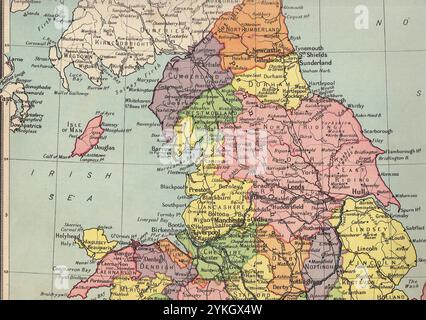 Una mappa politica vintage della metà del XX secolo che mostra l'Inghilterra settentrionale. Foto Stock