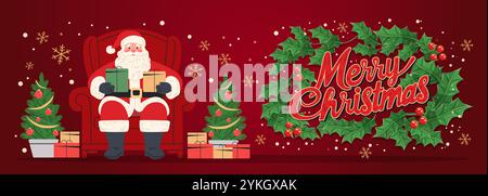Babbo Natale che regala regali scena natalizia con alberi di Natale fiocchi di neve foglie di agrifoglio rosso sfondo tema vacanze banner sito Web Illustrazione Vettoriale