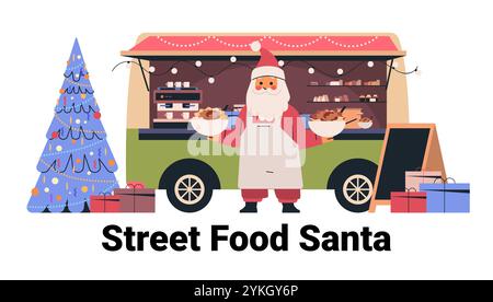 Babbo Natale che serve cibo al camion delle feste con regali di alberi di Natale illumina la scena natalizia modello di design colorato Illustrazione Vettoriale