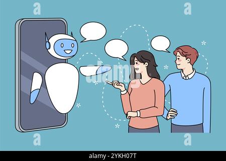 Le persone parlano con il supporto online della robotica sullo smartphone. Il cliente usa il servizio internet chatbot o robot umanoide su cellulare. Intelligenza artificiale e ingegneria. Artificiale in Foto Stock