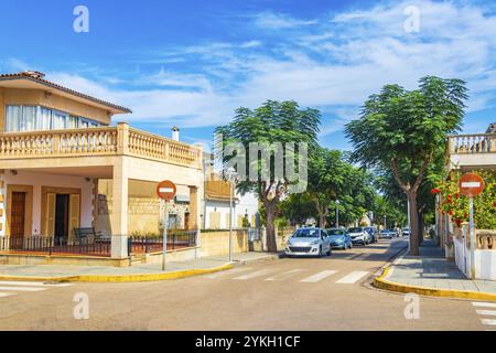 Strada tipica con auto palme hotel edifici e case a CAN Picafort sull'isola Baleari di Maiorca in Spagna Foto Stock