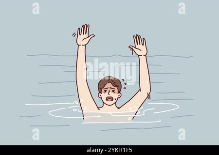 Un uomo annegato urla cercando di chiedere aiuto dopo un improvviso spasmo avvenuto mentre nuotava. Un tizio che all'improvviso si ritrova in mare o nell'oceano Foto Stock