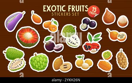 Gli adesivi di frutta esotica confezionano alimenti a base di bacche tropicali vettoriali. Cherimoya fresca, kumquat, mela stellata e kiwano, granadilla e frutti di soursop su sfondo di tavole di legno. Confezione di adesivi Cartoon con frutti di bosco esotici Illustrazione Vettoriale