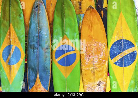 Tavole da surf colorate con bandiera brasiliana presso l'incredibile spiaggia di Mangrove e la spiaggia di Puttle sulla grande isola tropicale Ilha grande Rio de Janeiro Brasile Foto Stock