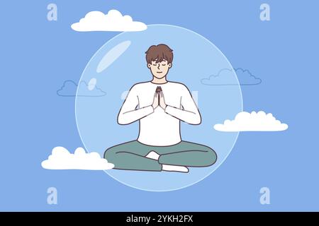 L'uomo meditante fa yoga in posizione di loto in una bolla trasparente che vola in cielo ed esegue esercizi zen. Guy è protetto da un bozzolo immaginario Foto Stock