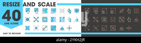 Ridimensionare e ridimensionare le icone di linea, ridurre o espandere lo zoom o modificare, pittogrammi vettoriali. Icone di dimensioni scalabili del dito per estendere o ingrandire la finestra, ruotare il riquadro, ridurre a icona lo zoom per le frecce di controllo dello schermo Illustrazione Vettoriale