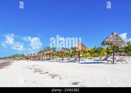 Holbox Messico 22. Dicembre 2021 Panorama panorama panorama panorama sulla splendida isola di Holbox sabbia e spiaggia con capanne palapa e lettini e cielo blu i Foto Stock